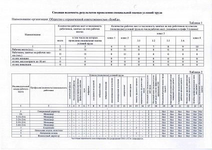 Сводная ведомость результатов проведения специальной оценки условий труда лист 1